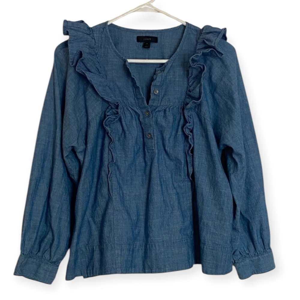 J.CREW Ruffle Chambray Babydoll Top, Boho Henley Button-Up Long Sleeve Blouse, 4